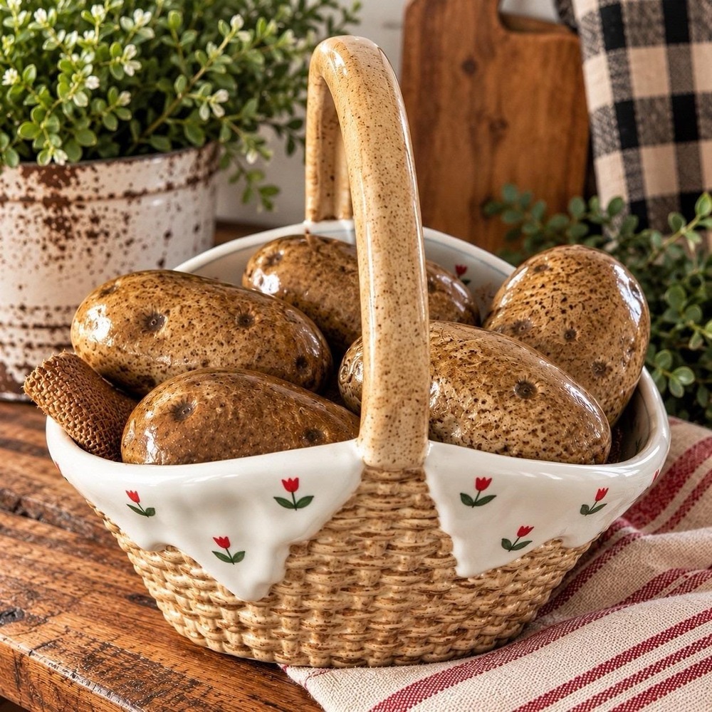 VTG Ceramic Faux Potato Basket Realistic Potatoes Country Kitchen Kitsch Decor
